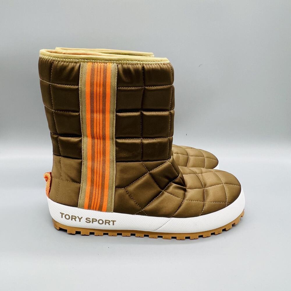 Tory Sport Boots Women 7 Brown Quilted Puffer Mid Calf Pull On Winter Snow Shoes